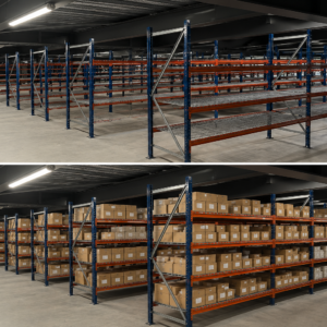 Avant / Après : un entrepôt vide transformé grâce à une installation de racks mi-lourds